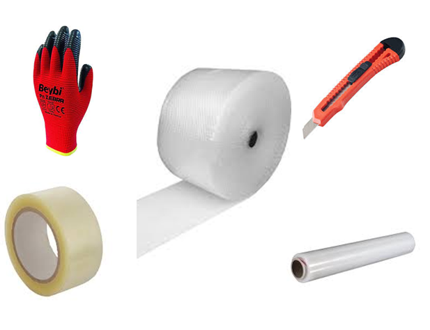 XOBBOX Taşınma Paketi (Seti) Streç Balonlu Naylon Bant Eldiven Maket Bıçağı (X.T.P.) 5'li Paket